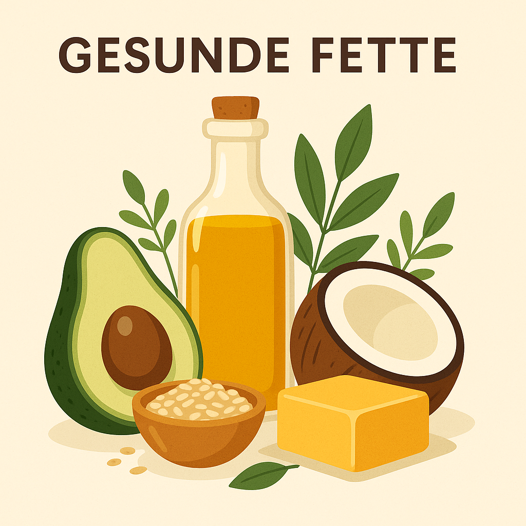 Titel Gesunde Fette darunter Öl Flasche, Kokosnuss, Avocado, Butter und Nüsse. Im Hintergrund Pflanzen