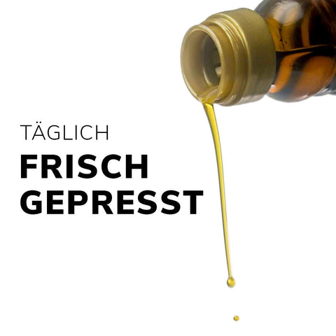 Kaltgepresstes Bio Leinöl, kommt aus der Flasche, Täglich frisch gepresst